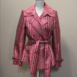 White House Black Market Pink Rose Obsessed Plaid Trench Coat Size M